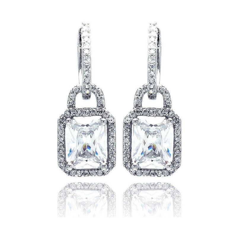 Silver 925 Rhodium Plated Micro Pave Clear Square CZ Dangling huggie hoop Earrings - ACE00031 | Silver Palace Inc.