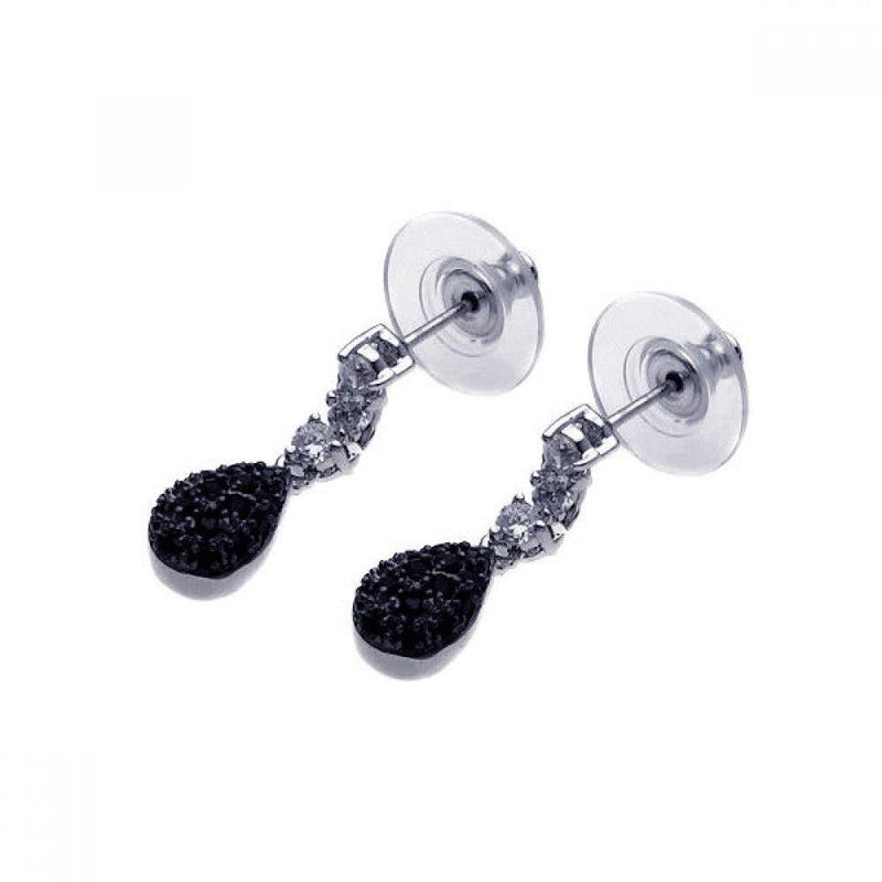 Silver 925 Rhodium Plated Black and Clear Teardrop CZ Dangling Stud Earring - BGE00026 | Silver Palace Inc.