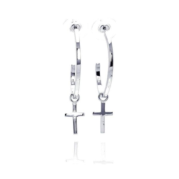 Silver 925 Rhodium Plated Cross Clear CZ Hoop Earring - BGE00031 | Silver Palace Inc.