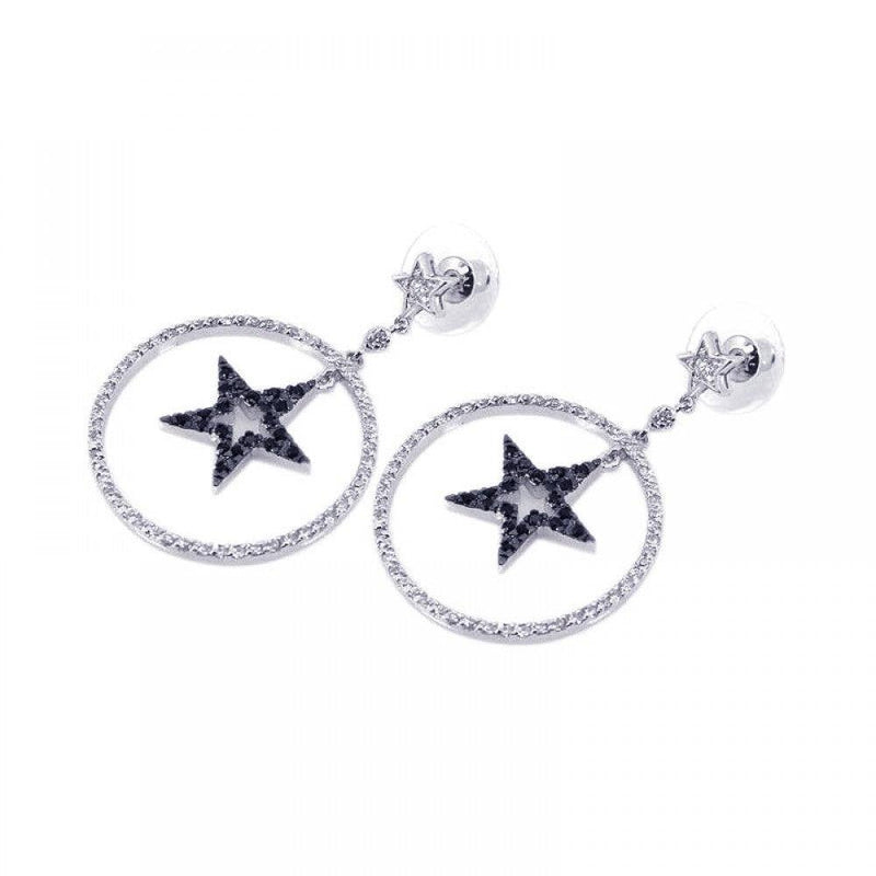 Closeout-Silver 925 Black and Silver Rhodium Plated Open Circle Star CZ Dangling Earrings - BGE00072 | Silver Palace Inc.