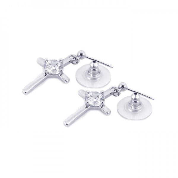 Silver 925 Rhodium Plated Cross Clear CZ Dangling Stud Earrings - BGE00079 | Silver Palace Inc.