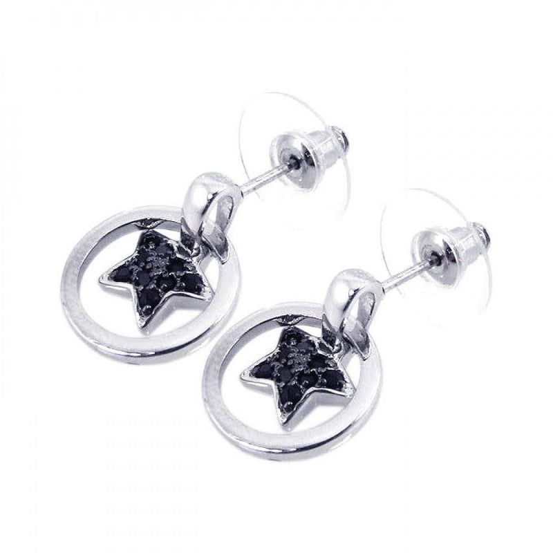 Closeout-Silver 925 Black and Silver Rhodium Plated Open Circle Heart CZ Dangling Stud Earrings - BGE00080 | Silver Palace Inc.