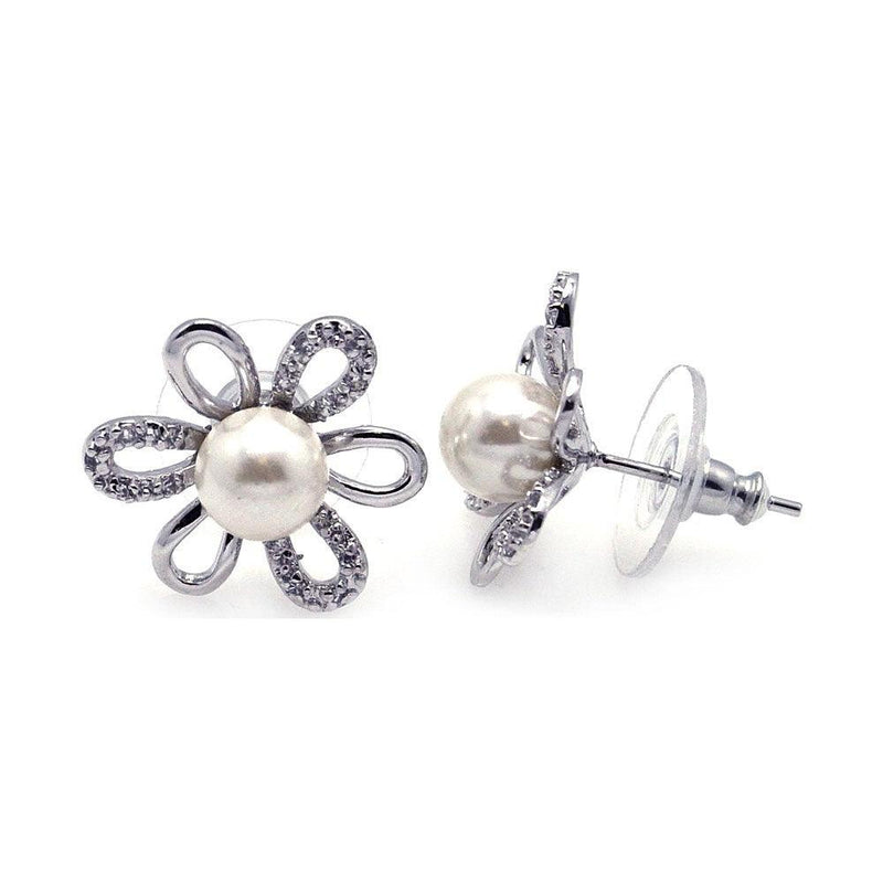 Silver 925 Rhodium Plated Sunflower CZ Synthetic Pearl Stud Earrings - BGE00111 | Silver Palace Inc.