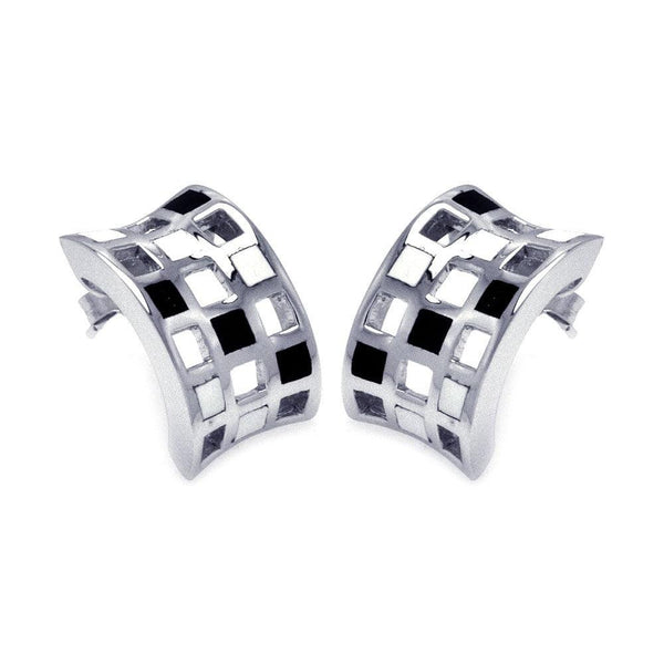 Closeout-Silver 925 Rhodium Plated Half Circle Black and Clear CZ Stud Earrings - BGE00130 | Silver Palace Inc.