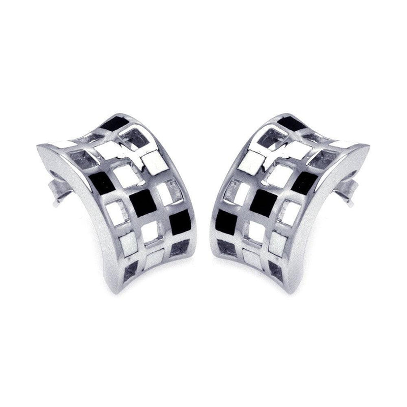 Closeout-Silver 925 Rhodium Plated Half Circle Black and Clear CZ Stud Earrings - BGE00130 | Silver Palace Inc.