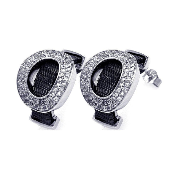 Closeout-Silver 925 Black and Silver Rhodium Plated Oval Letter O CZ Stud Earrings - BGE00134 | Silver Palace Inc.