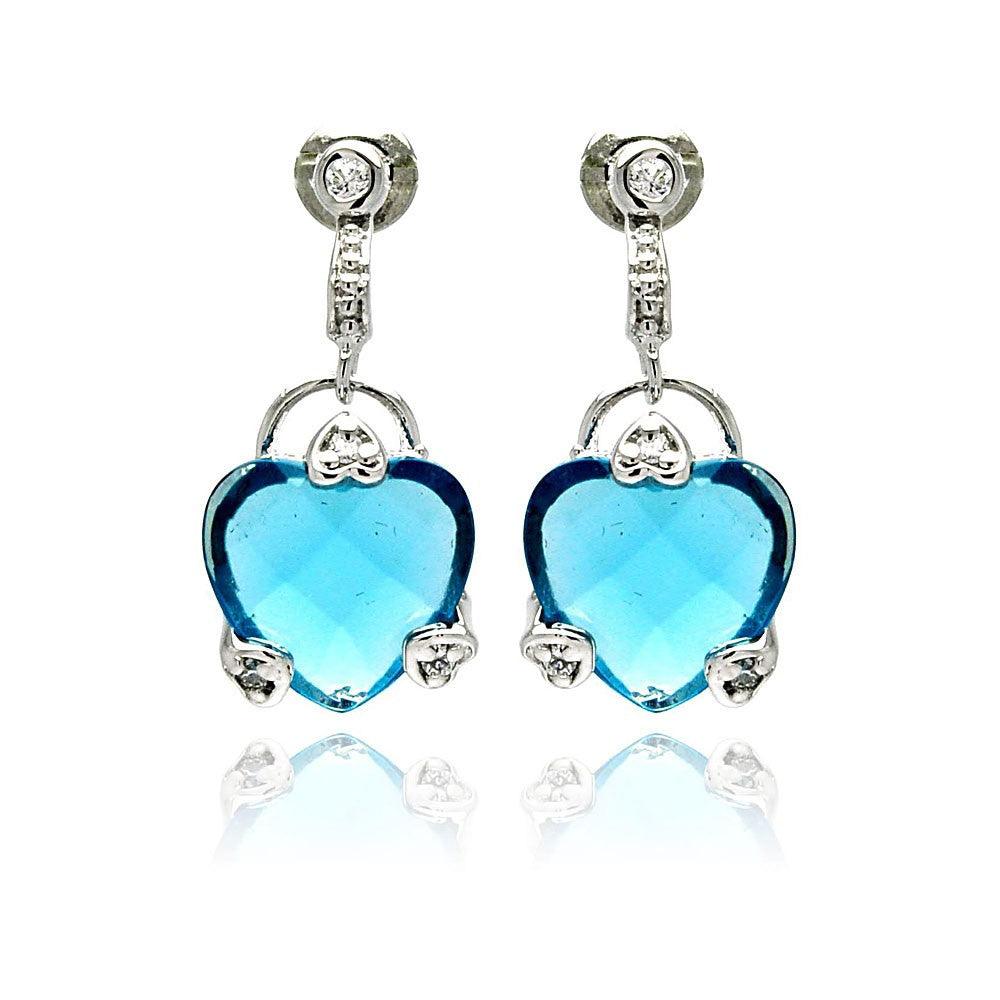 Silver 925 Rhodium Plated Blue Heart CZ Dangling Earrings - BGE00191 | Silver Palace Inc.