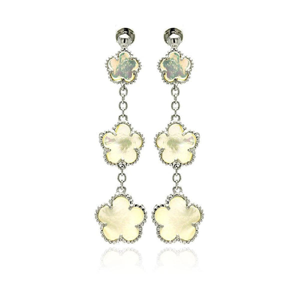Silver 925 Rhodium Plated Graduated Pearl Flower CZ Wire Dangling Stud Earrings - BGE00196 | Silver Palace Inc.
