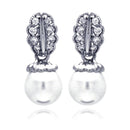 Silver 925 Rhodium Plated Curvy Leaf CZ Synthetic Pearl Dangling Stud Earrings - BGE00206 | Silver Palace Inc.