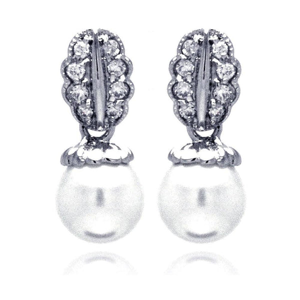 Silver 925 Rhodium Plated Curvy Leaf CZ Synthetic Pearl Dangling Stud Earrings - BGE00206 | Silver Palace Inc.