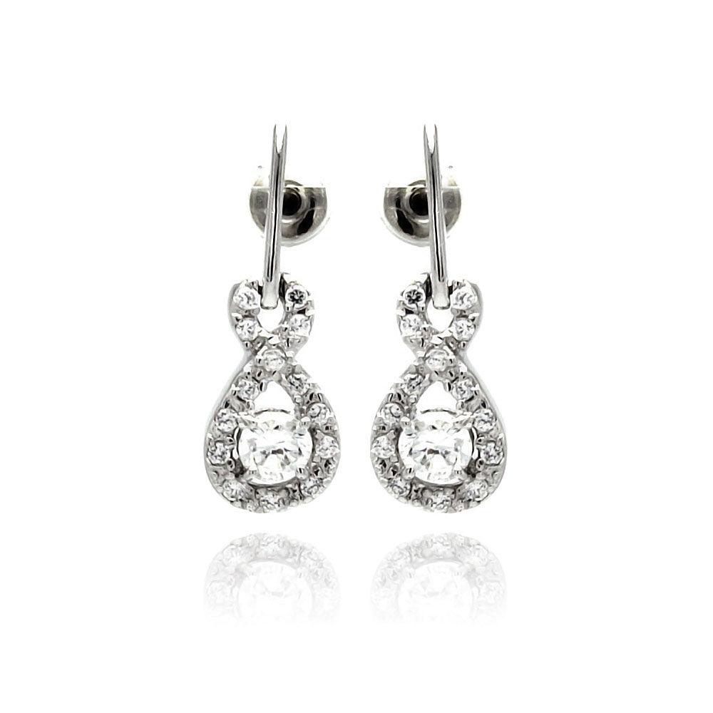 Silver 925 Rhodium Plated Ribbon CZ Dangling Stud Earrings - BGE00222