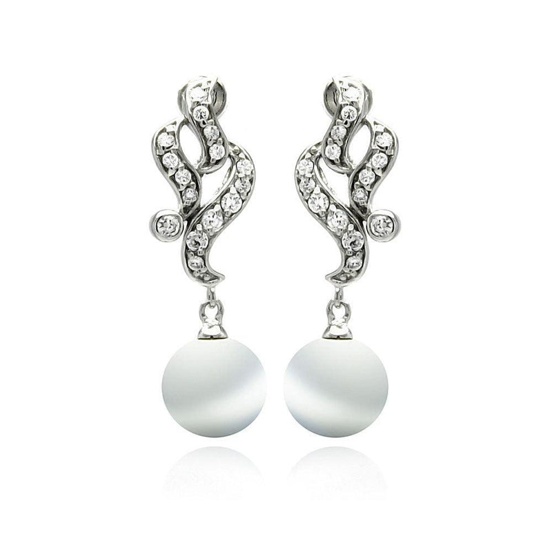 Silver 925 Rhodium Plated Filigree CZ Dangling Synthetic Pearl Earrings - BGE00224 | Silver Palace Inc.
