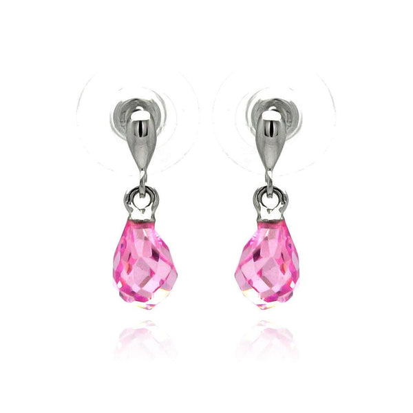 Silver 925 Rhodium Plated Pear Teardrop Pink CZ Dangling Stud Earrings - BGE00235 | Silver Palace Inc.