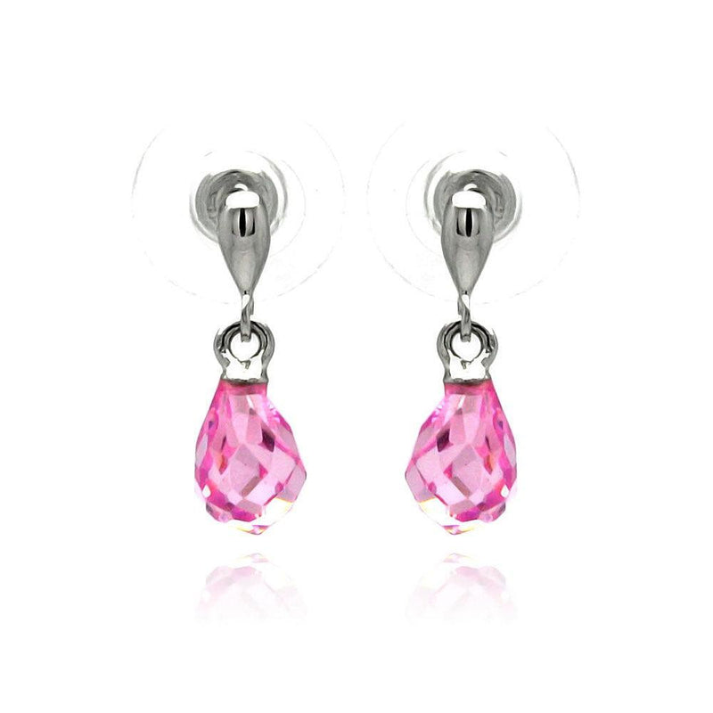 Silver 925 Rhodium Plated Pear Teardrop Pink CZ Dangling Stud Earrings - BGE00235 | Silver Palace Inc.