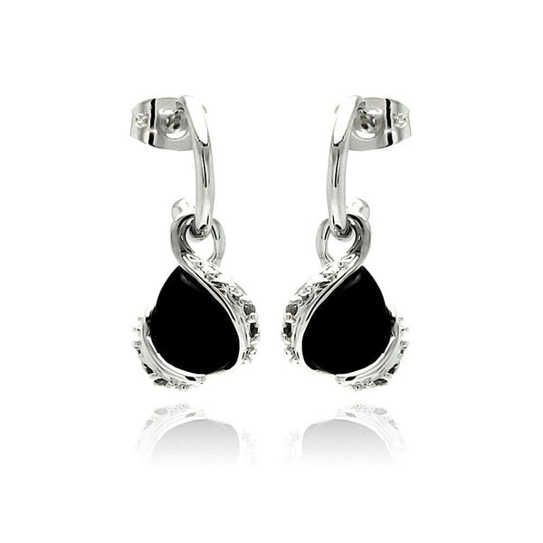 Silver 925 Rhodium Plated CZ Black Teardrop Onyx Dangling Stud Earrings - BGE00237 | Silver Palace Inc.