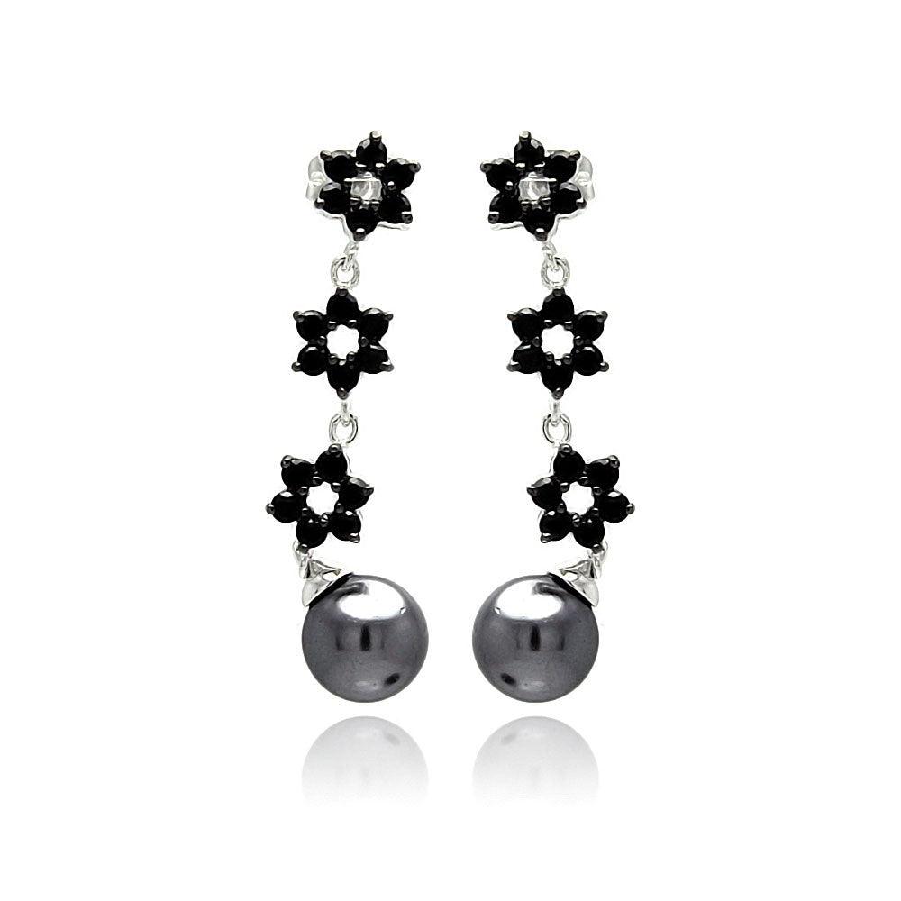 Silver 925 Rhodium Plated Flower Round CZ Black Synthetic Pearl Dangling Stud Earrings - BGE00238 | Silver Palace Inc.