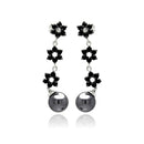 Silver 925 Rhodium Plated Flower Round CZ Black Synthetic Pearl Dangling Stud Earrings - BGE00238 | Silver Palace Inc.