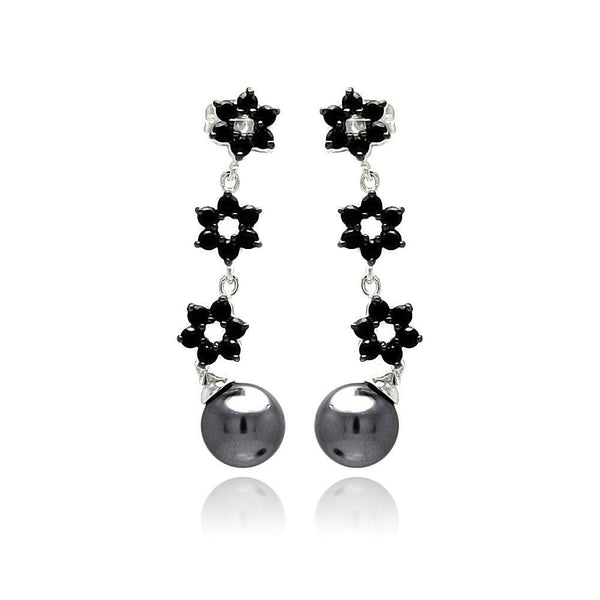 Silver 925 Rhodium Plated Flower Round CZ Black Synthetic Pearl Dangling Stud Earrings - BGE00238 | Silver Palace Inc.