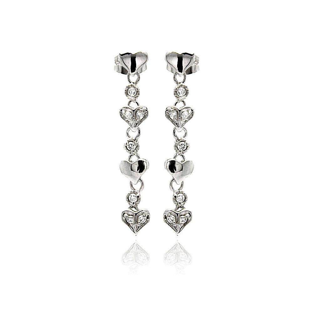Silver 925 Rhodium Plated Multiple Heart Round CZ Dangling Stud Earrings - BGE00247 | Silver Palace Inc.