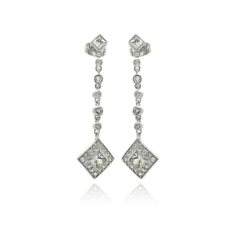 Silver 925 Rhodium Plated Square Round CZ Dangling Stud Earrings - BGE00248 | Silver Palace Inc.