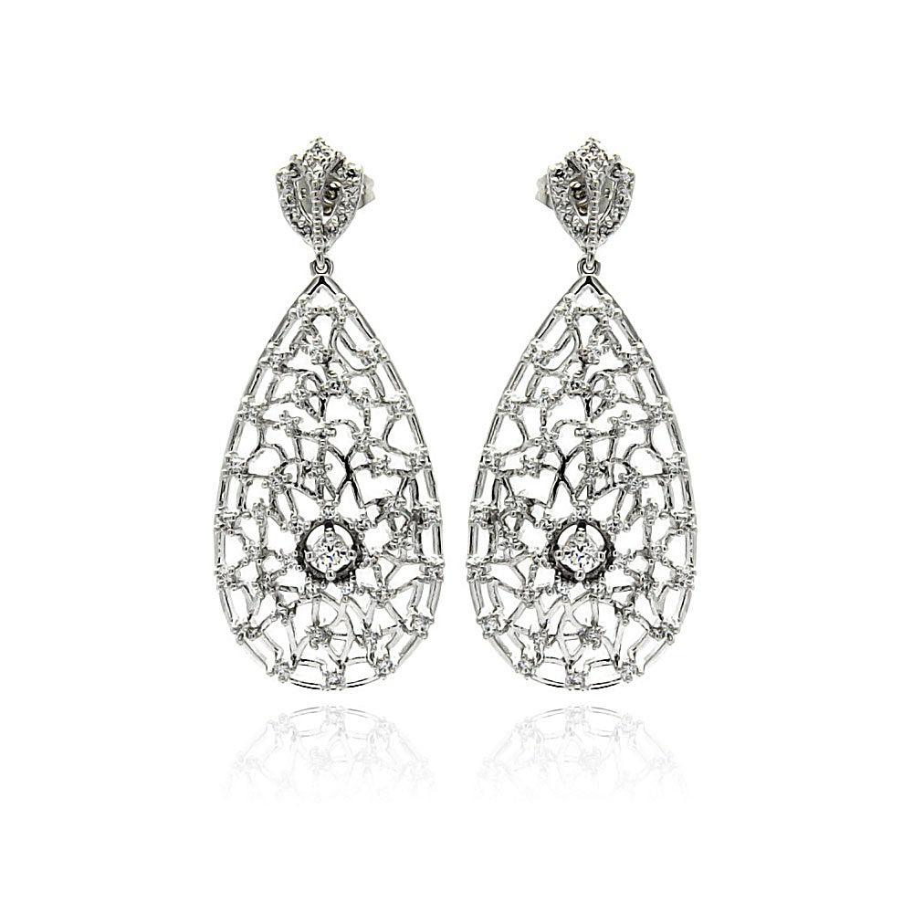 Silver 925 Rhodium Plated Teardrop CZ Dangling Stud Earrings - BGE00255 | Silver Palace Inc.