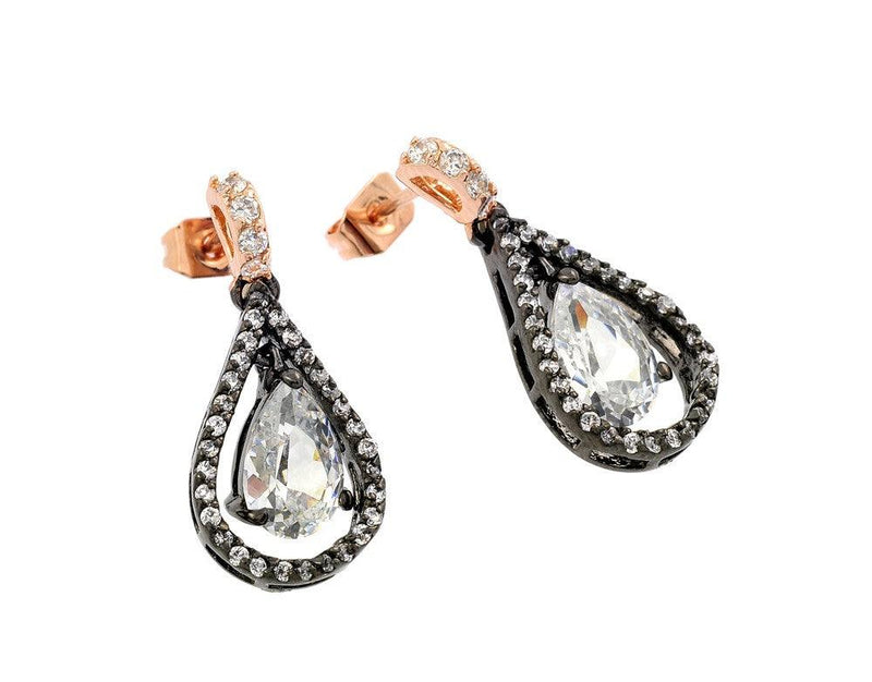 Closeout-Silver 925 Rose Gold and Black Rhodium Plated Teardrop CZ Dangling Stud Earrings - BGE00283 | Silver Palace Inc.
