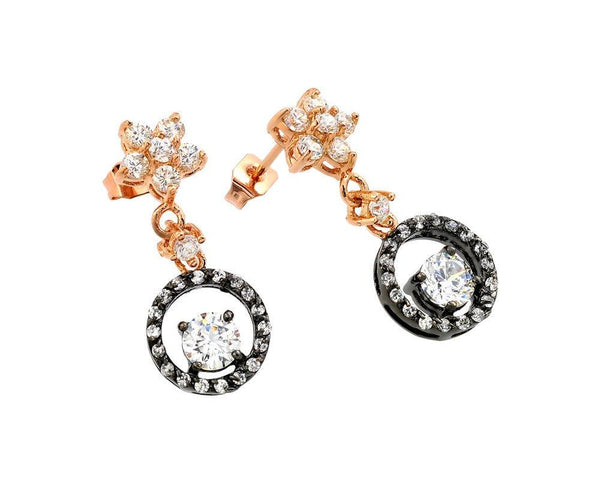Closeout-Silver 925 Rose Gold and Black Rhodium Plated Flower Round CZ Dangling Stud Earrings - BGE00284 | Silver Palace Inc.
