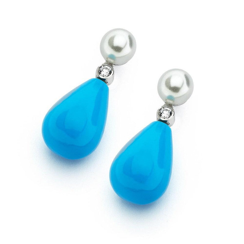 Silver 925 Rhodium Plated Teardrop Turquoise CZ Dangling Stud Earrings - BGE00347 | Silver Palace Inc.