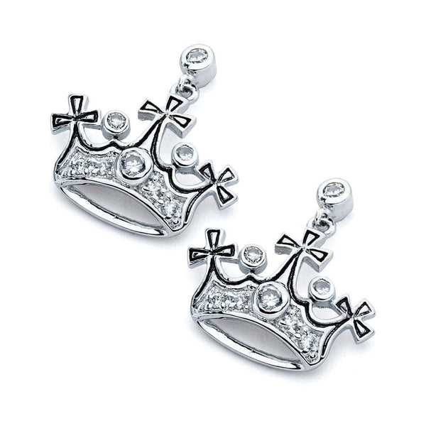 Silver 925 Rhodium Plated Crown CZ Inlay Dangling Stud Earrings - BGE00362 | Silver Palace Inc.