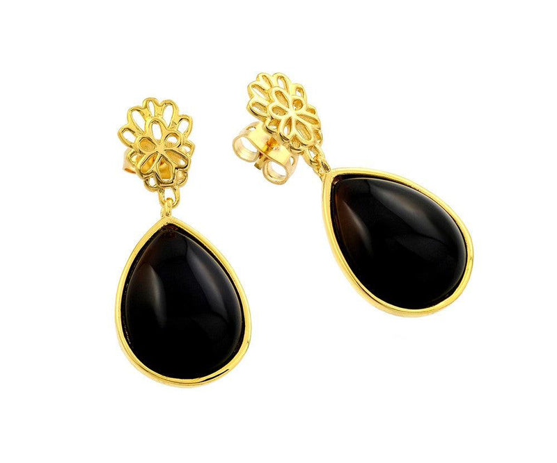 Silver 925 Gold Plated Open Flower Teardrop Onyx Dangling Stud Earrings - BGE00365 | Silver Palace Inc.