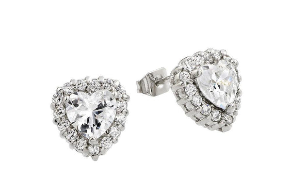 Silver 925 Rhodium Plated Clear Heart CZ Stud Earrings - BGE00367C | Silver Palace Inc.