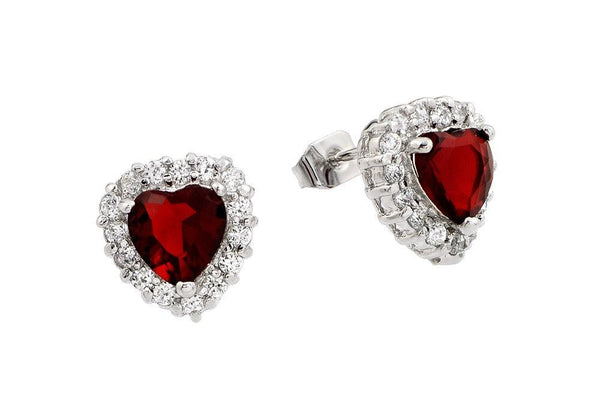 Silver 925 Rhodium Plated Red Heard CZ Stud Earrings - BGE00367R | Silver Palace Inc.