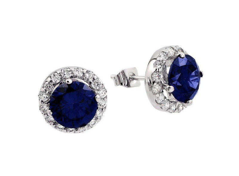 Silver 925 Rhodium Plated Blue round CZ Stud Earrings - BGE00368B | Silver Palace Inc.