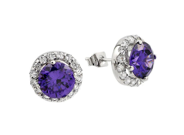Silver 925 Rhodium Plated Round Purple CZ Stud Earrings - BGE00368P | Silver Palace Inc.