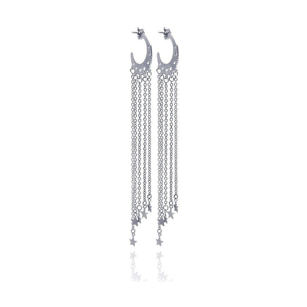 Closeout-Silver 925 Rhodium Plated Heart Cut out Moon Shape Wire Dangling Star Earrings - STE00055 | Silver Palace Inc.