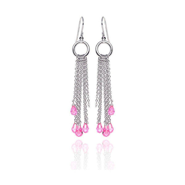 Closeout-Silver 925 Rhodium Plated Pink Tear Drop CZ Multi Wire Dangling Hook Earrings - STE00072 | Silver Palace Inc.