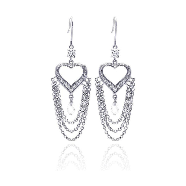 Closeout-Silver 925 Rhodium Plated Heart Shape Chandelier CZ Wire Dangling Hook Earrings - STE00096 | Silver Palace Inc.