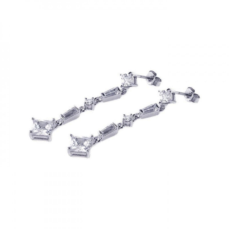 Silver 925 Rhodium Plated Baguette and Square CZ Dangling Earrings - STE00214 | Silver Palace Inc.
