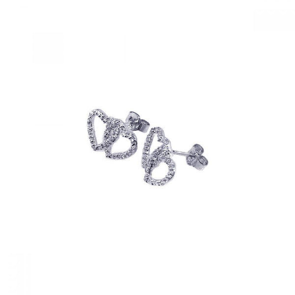 Silver 925 Rhodium Plated Two Heart CZ Post Earrings - STE00216 | Silver Palace Inc.