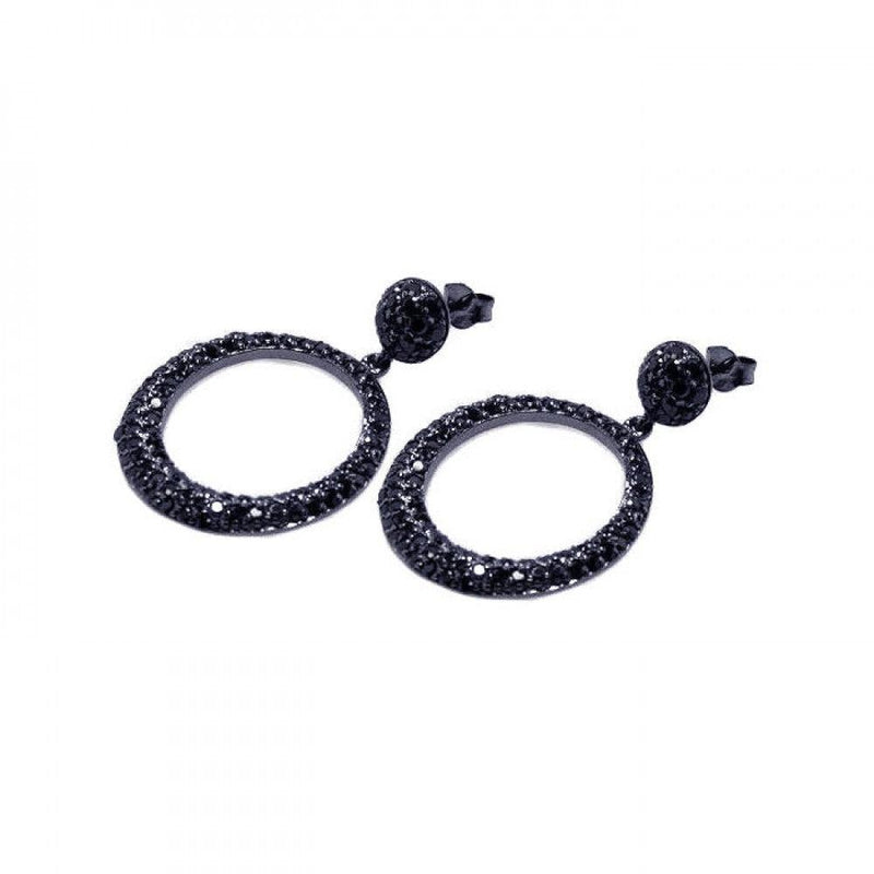Closeout-Silver 925 Black Rhodium Plated Round Black CZ Dangling Earrings - STE00277 | Silver Palace Inc.