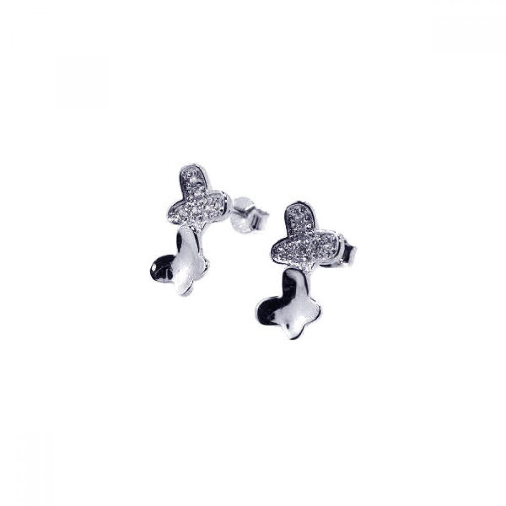 Silver 925 Rhodium Plated Two Wavy Flat Butterfly CZ Stud Earrings ...