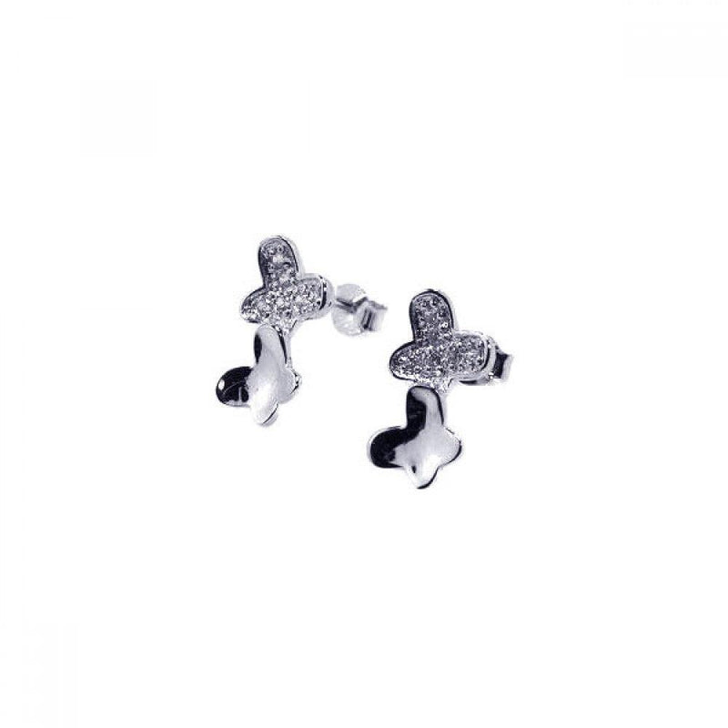 Silver 925 Rhodium Plated Two Wavy Flat Butterfly CZ Stud Earrings - STE00281 | Silver Palace Inc.