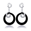Closeout-Silver 925 Rhodium Plated Coil J hook CZ Black Round Onyx Dangling Stud Earrings - STE00530 | Silver Palace Inc.