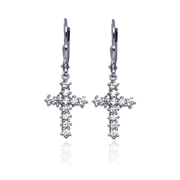 Silver 925 Rhodium Plated Cross CZ Dangling huggie hoop Earrings - STE00635 | Silver Palace Inc.