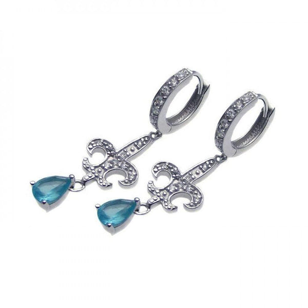 Silver 925 Rhodium Plated Blue Teardrop CZ Fleur De Lis Dangling huggie hoop Earrings - STE00654 | Silver Palace Inc.