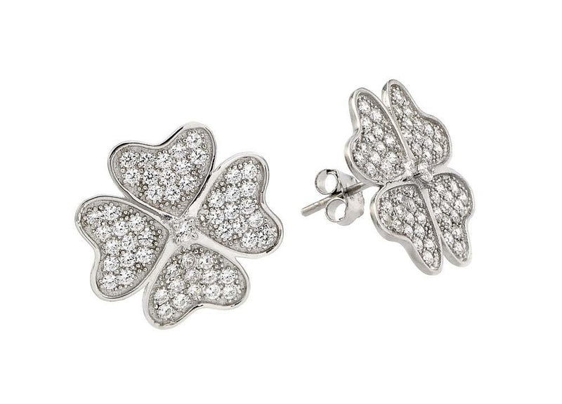 Silver 925 Rhodium Plated Heart Clover Clear CZ Stud Earrings - STE00912 | Silver Palace Inc.