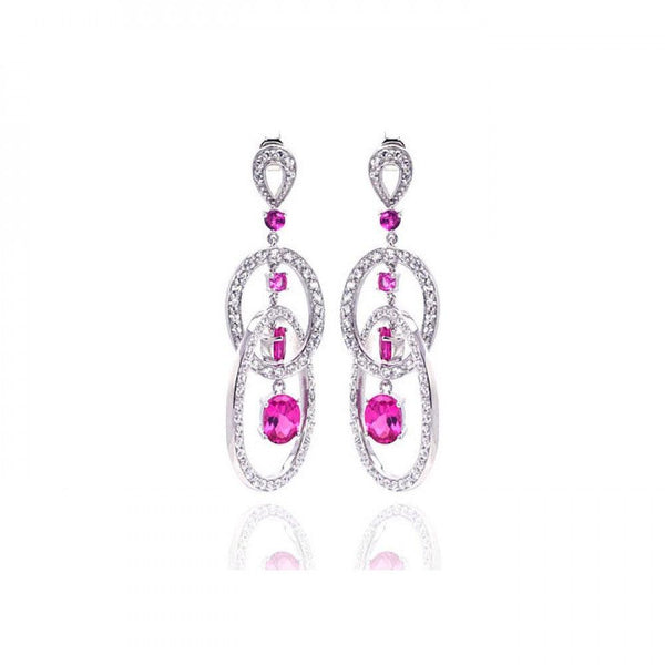 Closeout-Silver 925 Rhodium Plated Pink Multiple Circle Oval Baguette Round CZ Chandelier Dangling Stud Earrings - STE00937 | Silver Palace Inc.