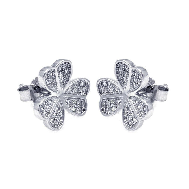 Silver 925 Rhodium Plated Micro Pave Clear Clover CZ Stud Earrings - ACE00050 | Silver Palace Inc.