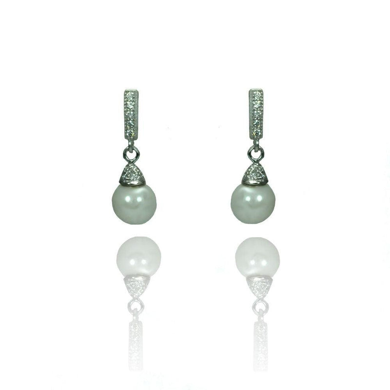 Silver 925 Rhodium Plated Round Clear CZ Synthetic Pearl Dangling Stud Earrings - STE00902 | Silver Palace Inc.