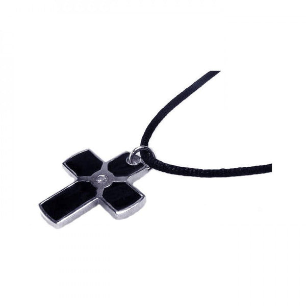 Silver 925 Rhodium Plated Black Enamel Cross Clear CZ Black Cord Pendant Necklace - BGN00001 | Silver Palace Inc.